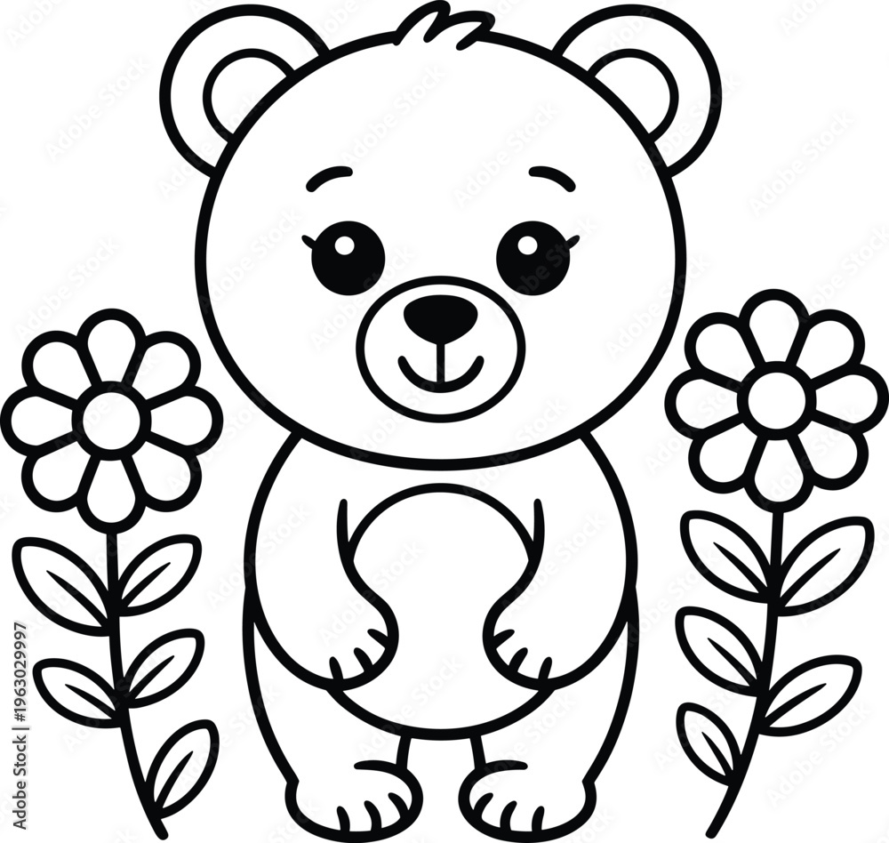 Obraz premium Cute little teddy bear illustration standing between two simple flowers for children coloring book
