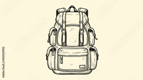 Detailed hand-drawn sketch of a rugged outdoor backpack with many pockets and straps in a vintage style against a beige background.