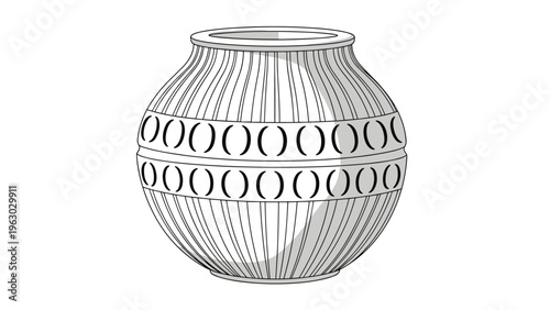 Detailed black and white line art illustration of a rounded ceramic vase with vertical ridges and two bands of oval-shaped patterns.