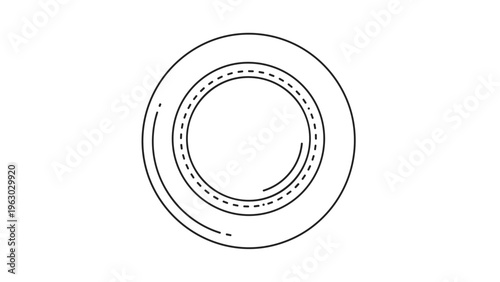 Simple minimalist black and white line art drawing of a round dinner plate showing its inner rim and subtle shadowing for depth.