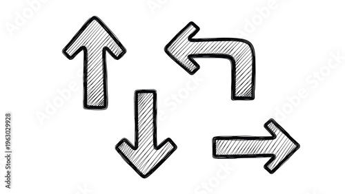 Collection of four hand-drawn sketchy arrows pointing up, down, left, and right, featuring cross-hatched textures in black and white.