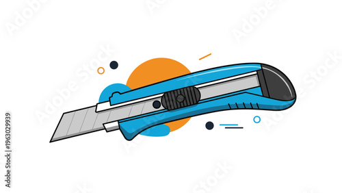Modern colorful illustration of a blue utility knife or box cutter with a retractable blade against a decorative geometric background.