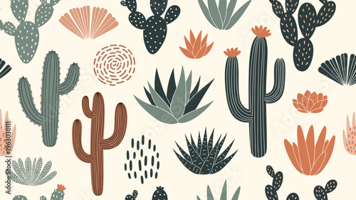Seamless pattern featuring a variety of desert plants such as cacti and succulents in muted earth tones like green, terracotta, and dark grey.