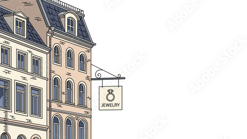 Close up illustration shows the upper floors of a classic European style building with a hanging sign for a jewelry store in the city center.