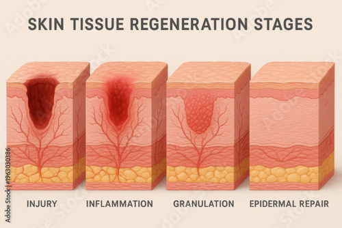 Informative medical illustration of skin tissue regeneration stages showing an injury site transforming through granulation tissue into smooth, healed epidermis