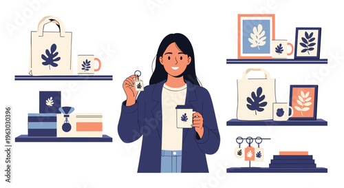 Cheerful female shop assistant displaying custom branded souvenirs including keychains and mugs in a boutique store.