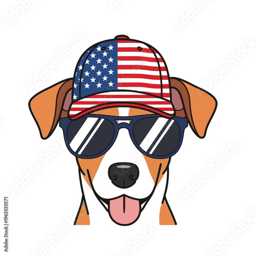 Cool Dog Wearing American Flag Hat and Sunglasses, Patriotic Canine Character Illustration