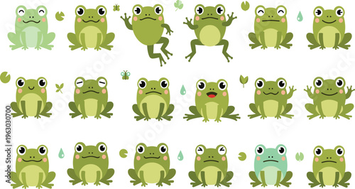 Green Frog Emoji Style Character Set Featuring Cute Amphibian Faces and Expressions in Flat Design for Stickers Kids Apps and Nature Illustrations.