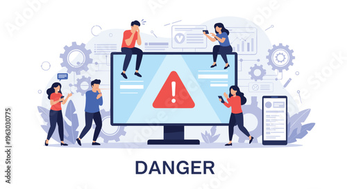 Group of people looking stressed and panicked while sitting around a computer screen displaying a large red danger warning triangle.