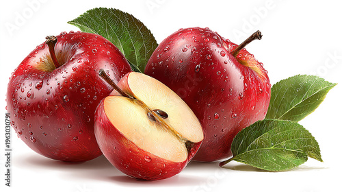 Red apple whole pieces set isolated on white background