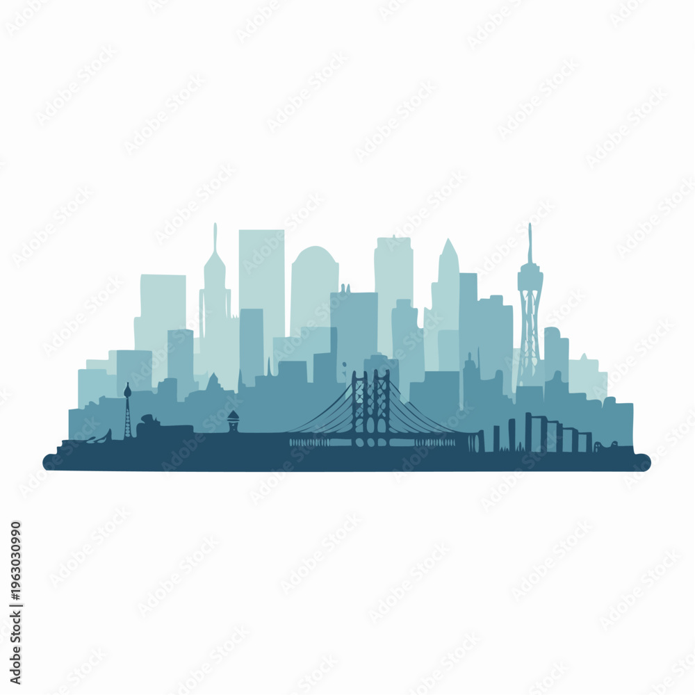 Fototapeta premium Blue city skyline silhouette with bridge illustration