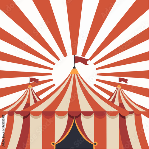 Vibrant red and white striped circus tent illustration with sunburst b