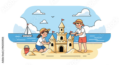 Boy and girl wearing sun hats and playing together while building a large detailed sandcastle on a sunny tropical beach with ocean waves.