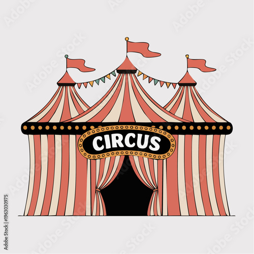 Vintage style illustration of red and white striped circus tent with f
