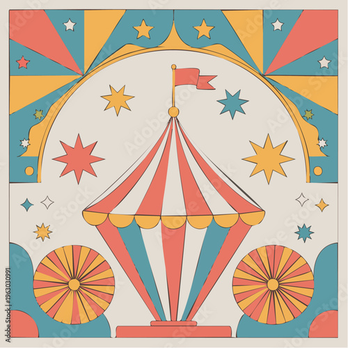 Vibrant colorful circus tent illustration with carnival elements