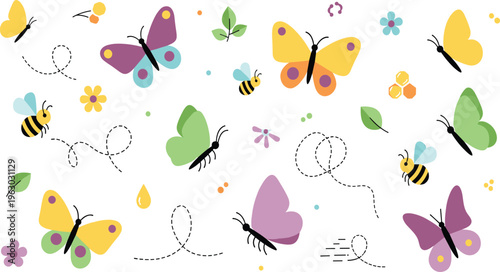 Seamless Pattern with Butterflies Bees and Flowers in Colorful Flat Style Featuring Nature Elements for Textile Print Wallpaper and Decorative Design Use.