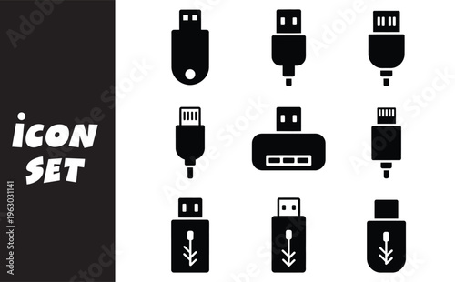 A set of various usb connectors and cables in black on white