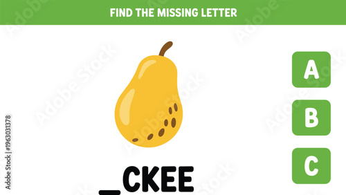 Educational activity worksheet for children to find the missing letter for a pear fruit