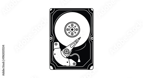 Detailed illustration of a hard disk drive black and white silhouette