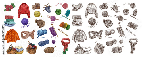 Hand drawn vintage sketch set of knitting clothes yarn balls needles textile collection colored and monochrome illustration bundle