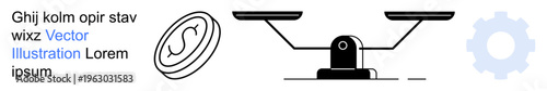 Legal justice, economic balance, industrial processes, value assessment, decision-making, and commerce. Scales, gear and coin justice and industrial economy. Legal justice and economic balance
