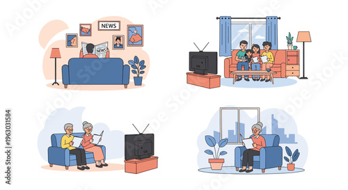 Collage of diverse individuals including a family and senior citizens reading newspapers and watching the news on television in their living rooms.