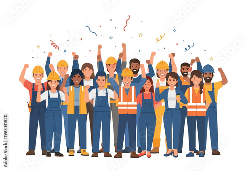 Diverse group of construction workers celebrating success with confetti.