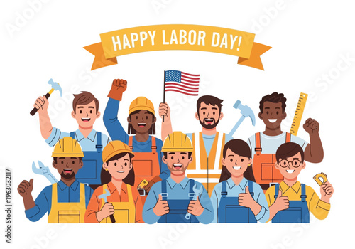 Diverse group of smiling workers celebrating Labor Day together.