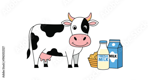 Friendly spotted dairy cow standing next to a bottle of fresh milk and a milk carton in a simple and clean illustration style.