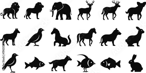Animal Silhouette Collection Featuring Farm and Wild Creatures Including Lion Elephant Deer Dog Horse Bird Fish and Rabbit for Nature Design Use.
