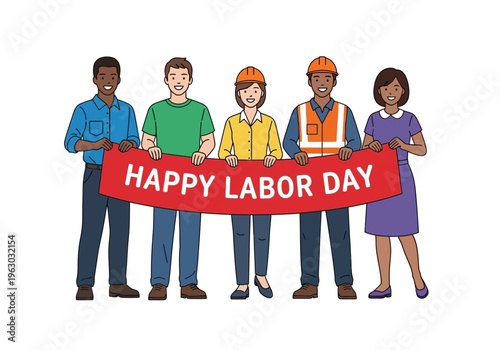 Diverse group of people celebrating Labor Day with a banner.
