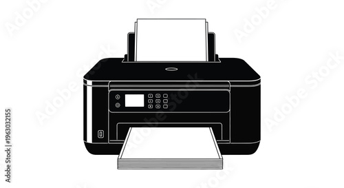 Black ink jet printer with paper tray in stark silhouette