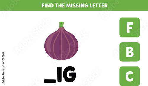 Educational activity worksheet for children to find the missing letter for fig