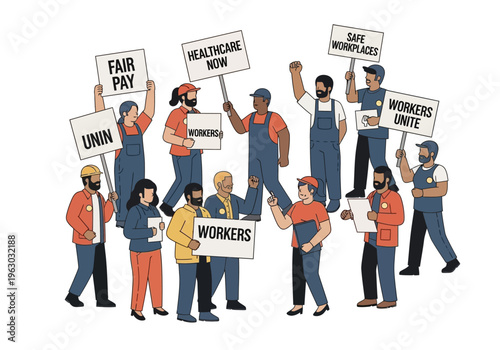 Diverse group of workers protesting for fair pay and better conditions.