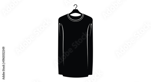 Black long sleeve crewneck shirt displayed on a hanger silhouette