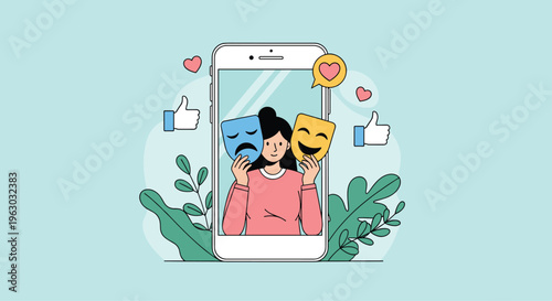Young woman appearing on a smartphone screen holding up theater masks depicting happy and sad emotions surrounded by social media likes.