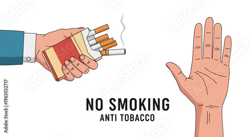 Person holding a pack of cigarettes while another hand is raised in a stop gesture to promote a no smoking and anti-tobacco message.
