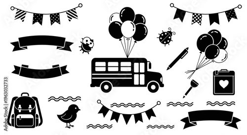 Back to School Elements Collection with Bus and Backpack.