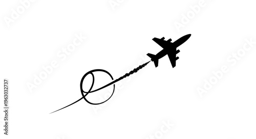 Silhouette of an airplane flying on a dotted line path.