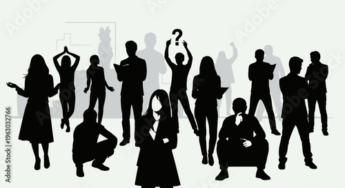 Silhouette of diverse group of people in various poses.