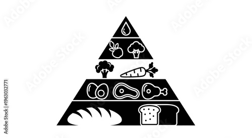 Black and white food pyramid illustration showing healthy eating groups.