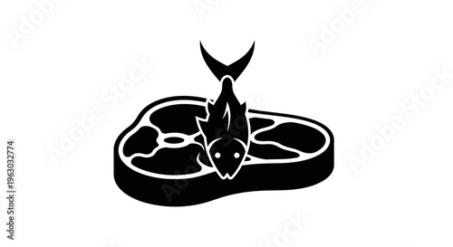Black and white icon of a fish on a steak.