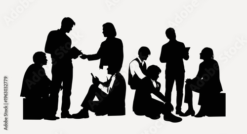 Silhouette of diverse people engaged in discussion and learning.