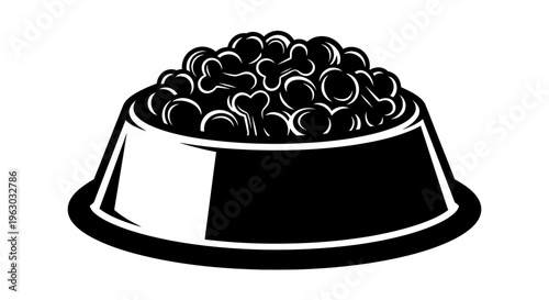 Black and White Illustration of a Full Dog Food Bowl.
