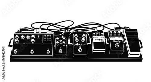 A black and white graphic of guitar effects pedals a silhouette