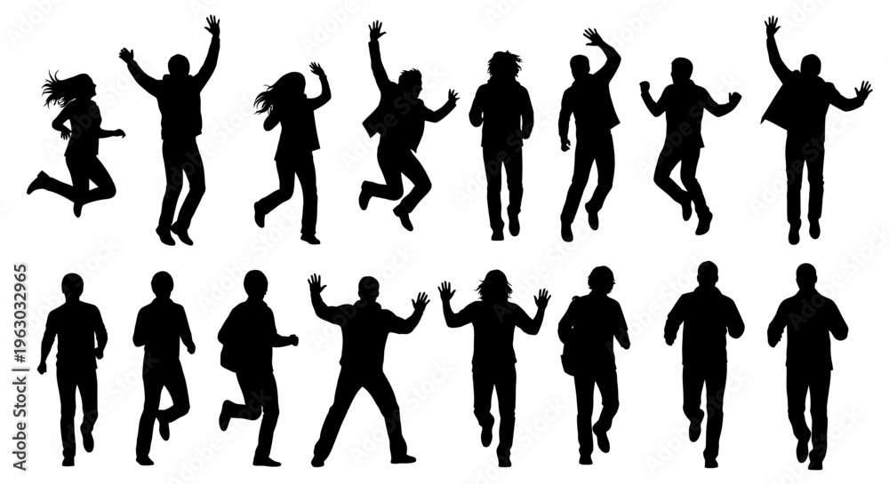 Fototapeta premium Silhouettes of people jumping and running in energetic poses.