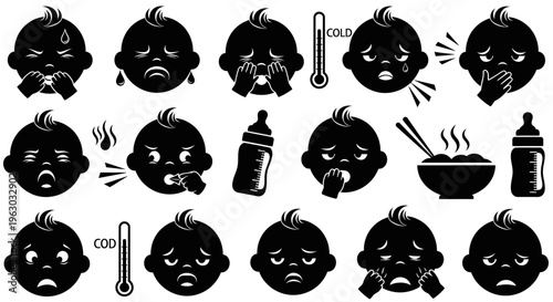 Collection of Sad Baby Faces and Illness Symptoms Icons.
