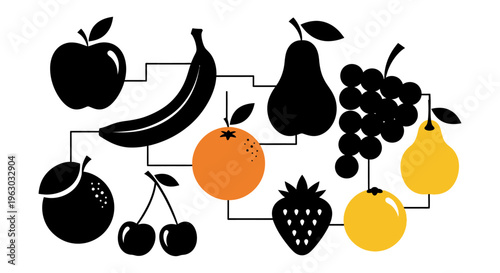 Collection of Silhouetted and Colored Fruits Connected by Lines.
