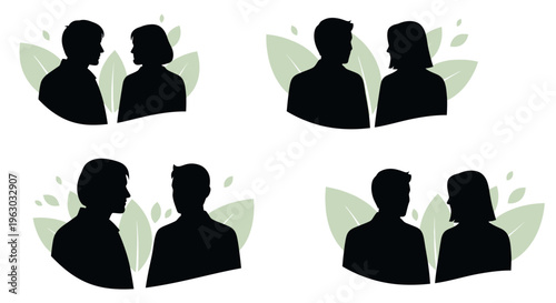 Silhouettes of couples in conversation and contemplation.
