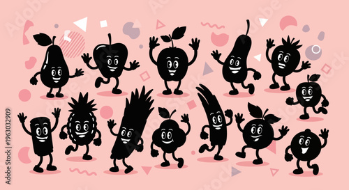 Collection of Silhouetted Anthropomorphic Fruits and Vegetables Dancing Joyfully.